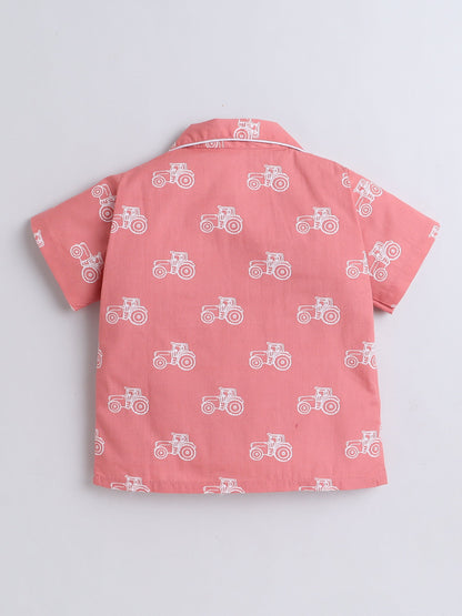 Cotton Woven Half Sleeves Vintage Car Printed Coordinating Night Suit Set - Peach