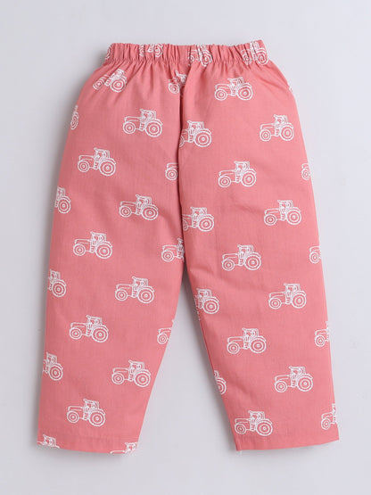 Cotton Woven Half Sleeves Vintage Car Printed Coordinating Night Suit Set - Peach