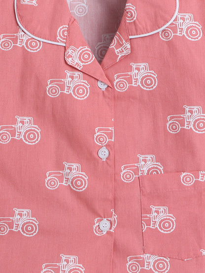 Half Sleeves Cotton Vehicle Printed Night Suit Set Peach