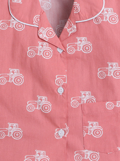 Cotton Woven Half Sleeves Vintage Car Printed Coordinating Night Suit Set - Peach