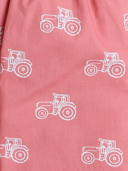 Cotton Woven Half Sleeves Vintage Car Printed Coordinating Night Suit Set - Peach