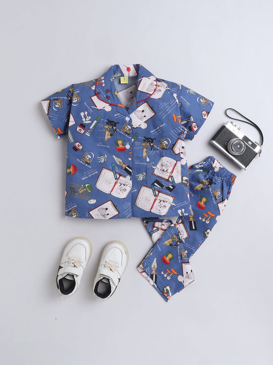 Cotton Woven Half Sleeves Diary & Pen Printed Coordinating Night Suit Set - Royal Blue