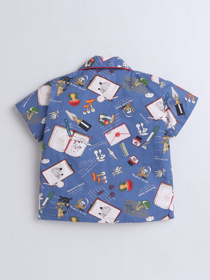 Cotton Woven Half Sleeves Diary & Pen Printed Coordinating Night Suit Set - Royal Blue