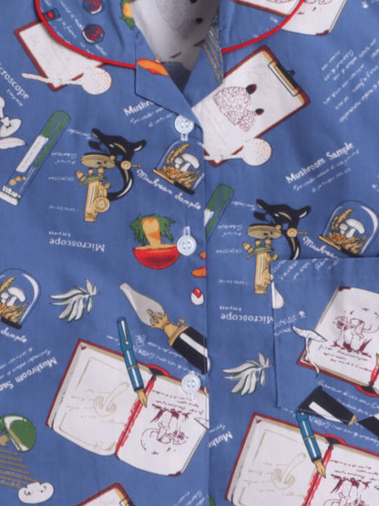 Cotton Woven Half Sleeves Diary & Pen Printed Coordinating Night Suit Set - Royal Blue