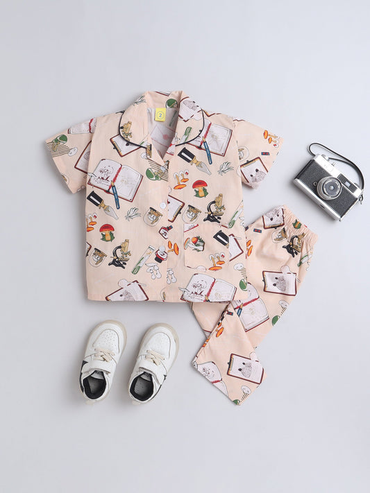 Cotton Woven Half Sleeves Diary & Pen Printed Coordinating Night Suit Set - Beige