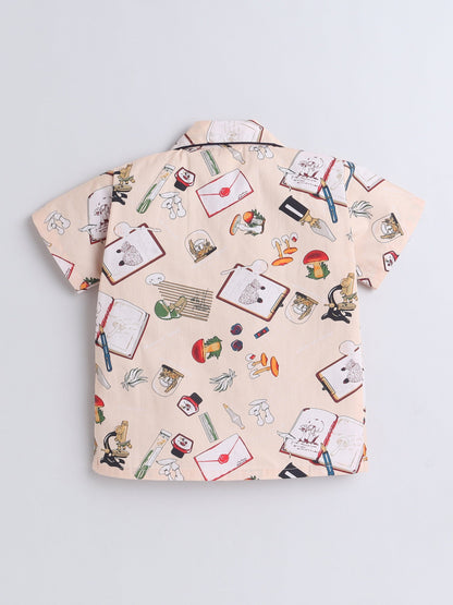 Cotton Woven Half Sleeves Diary & Pen Printed Coordinating Night Suit Set - Beige