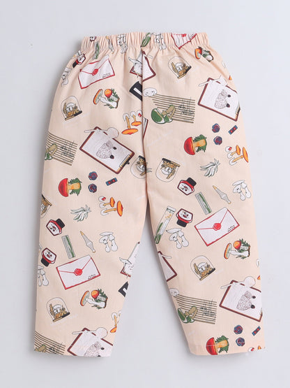 Cotton Woven Half Sleeves Diary & Pen Printed Coordinating Night Suit Set - Beige