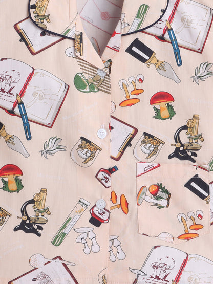 Cotton Woven Half Sleeves Diary & Pen Printed Coordinating Night Suit Set - Beige