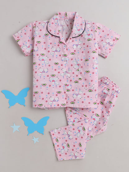 Half Sleeves Unicorn Magic Printed Collared Night Suit Pink