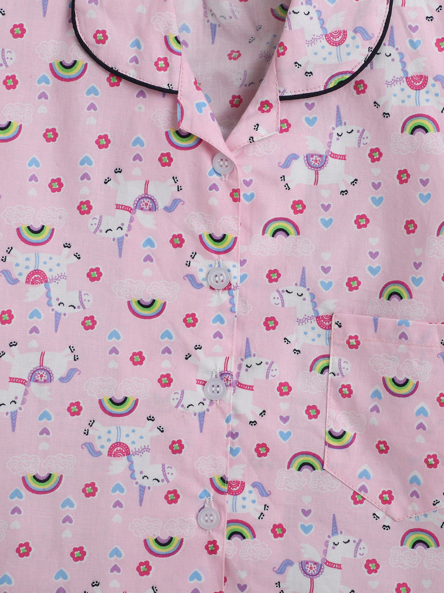 Half Sleeves Unicorn Magic Printed Collared Night Suit Pink