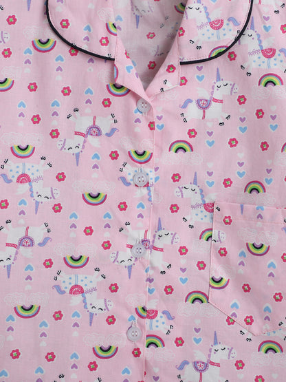 Half Sleeves Unicorn Magic Printed Collared Night Suit Pink