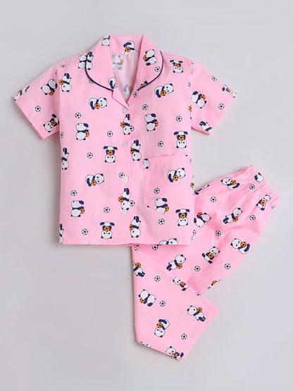 Panda With Football Printed Half Sleeves Lounge Wear Night Suit Set For Kids Pink