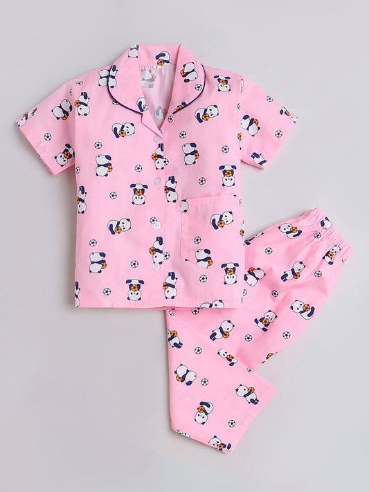 Panda With Football Printed Half Sleeves Lounge Wear Night Suit Set For Kids Pink