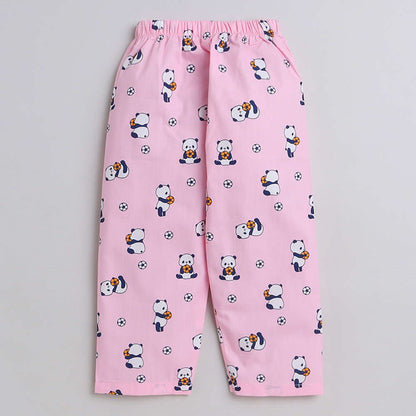 Panda With Football Printed Half Sleeves Lounge Wear Night Suit Set For Kids Pink