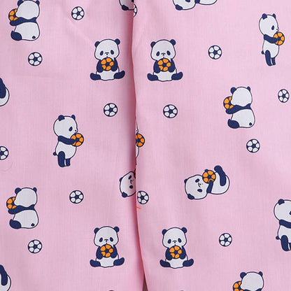 Panda With Football Printed Half Sleeves Lounge Wear Night Suit Set For Kids Pink