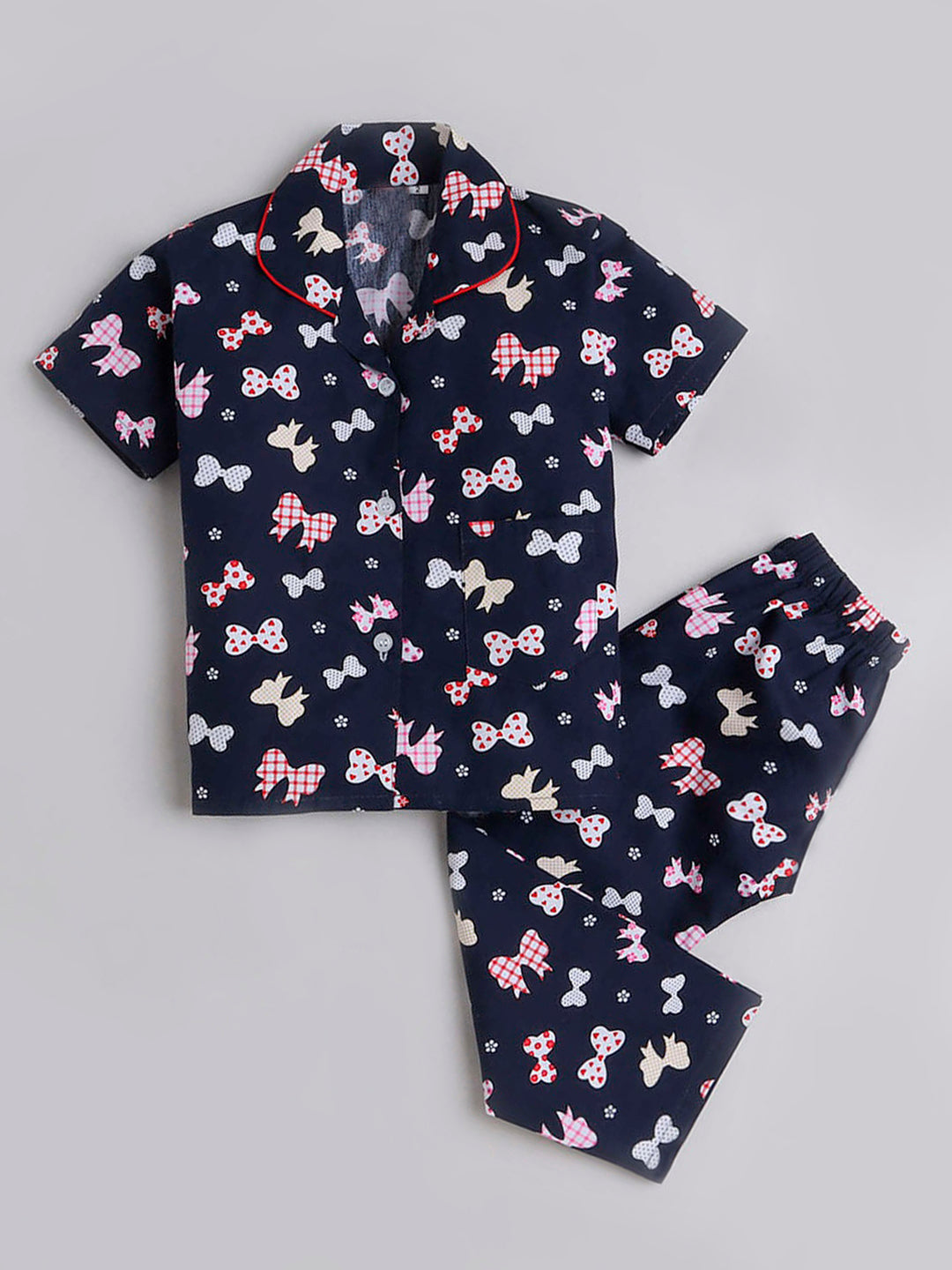 Bow Printed Half Sleeves Lounge Wear Night Suit Set For Kids Navy Blue