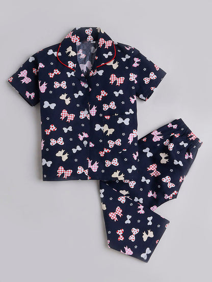 Bow Printed Half Sleeves Lounge Wear Night Suit Set For Kids Navy Blue