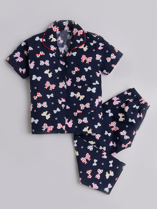 Bow Printed Half Sleeves Lounge Wear Night Suit Set For Kids Navy Blue