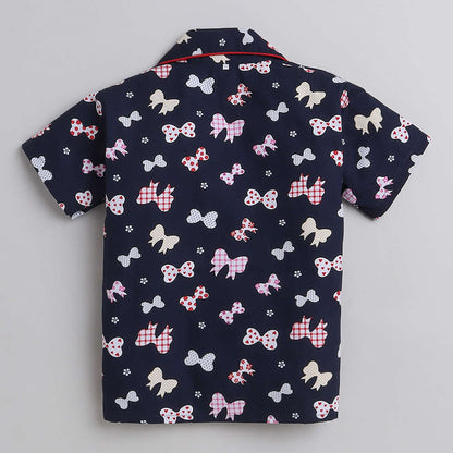 Bow Printed Half Sleeves Lounge Wear Night Suit Set For Kids Navy Blue