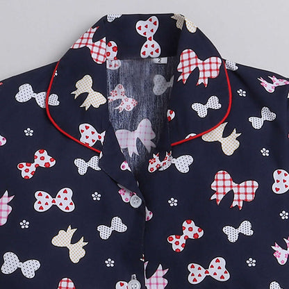 Bow Printed Half Sleeves Lounge Wear Night Suit Set For Kids Navy Blue