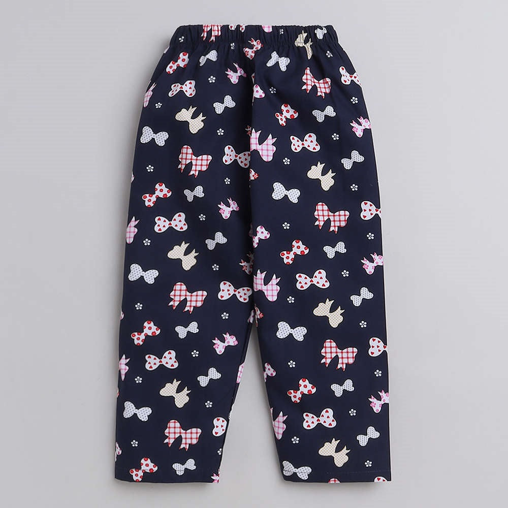 Bow Printed Half Sleeves Lounge Wear Night Suit Set For Kids Navy Blue