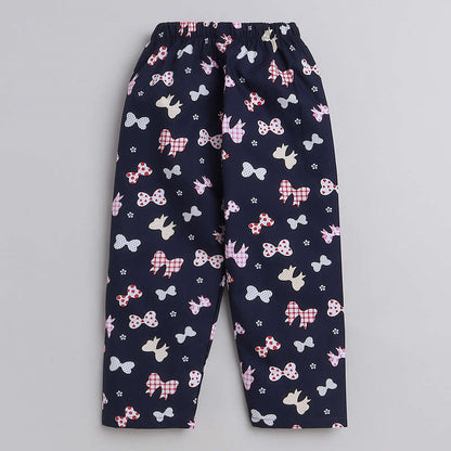 Bow Printed Half Sleeves Lounge Wear Night Suit Set For Kids Navy Blue