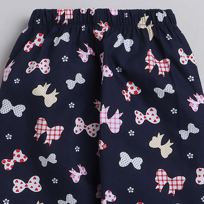 Bow Printed Half Sleeves Lounge Wear Night Suit Set For Kids Navy Blue