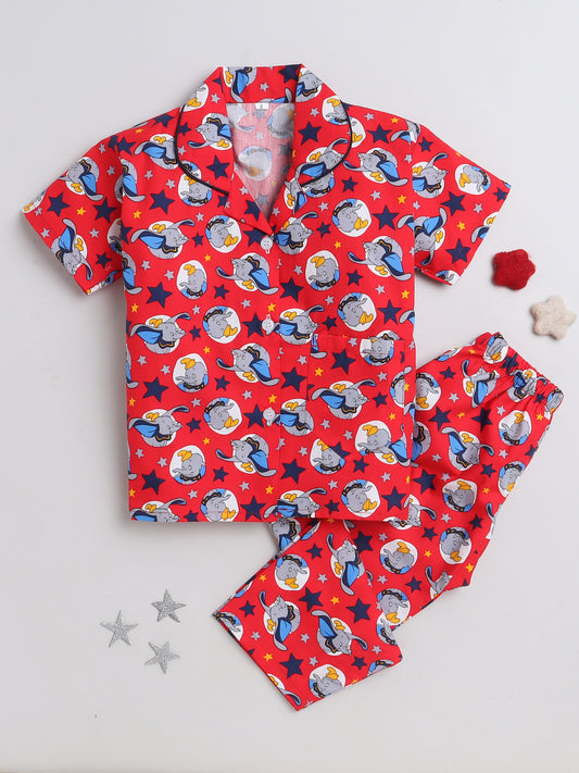 Elephant Printed Half Sleeves Lounge Wear Night Suit Set For Kids Red