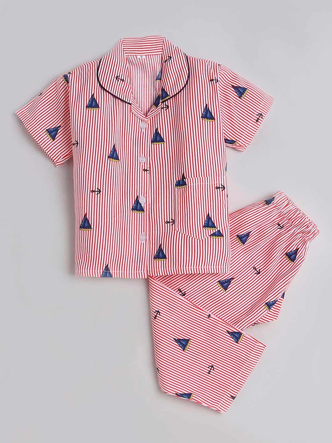 Stripes and Ship Printed Half Sleeves Lounge Wear Night Suit Set For Kids