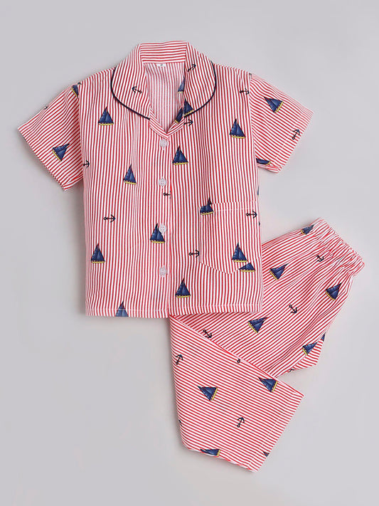 Stripes and Ship Printed Half Sleeves Lounge Wear Night Suit Set For Kids