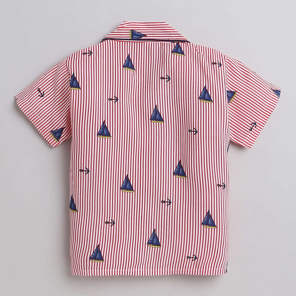 Stripes and Ship Printed Half Sleeves Lounge Wear Night Suit Set For Kids