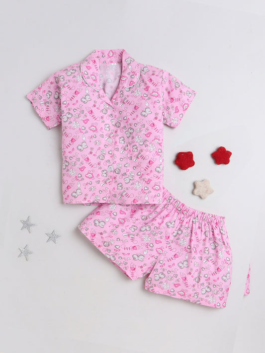 Heart and Bunny Printed Half Sleeves Top and Shorts Set Night Suit Set For Kids Pink