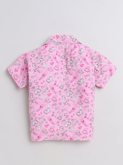 Heart and Bunny Printed Half Sleeves Top and Shorts Set Night Suit Set For Kids Pink
