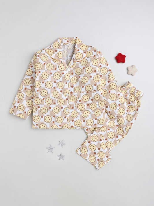 Full Sleeves Smiley Printed Lounge Wear Night Suit Set For Kids Brown