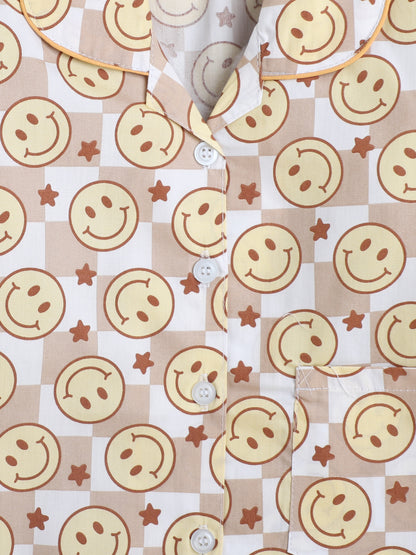 Full Sleeves Smiley Printed Lounge Wear Night Suit Set For Kids Brown