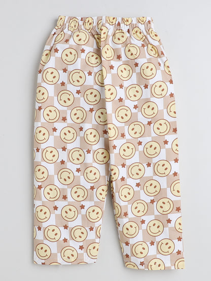 Full Sleeves Smiley Printed Lounge Wear Night Suit Set For Kids Brown
