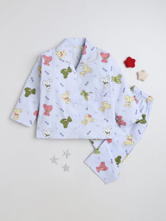 Full Sleeves Animal Printed Lounge Wear Night Suit Set For Kids Sky Blue
