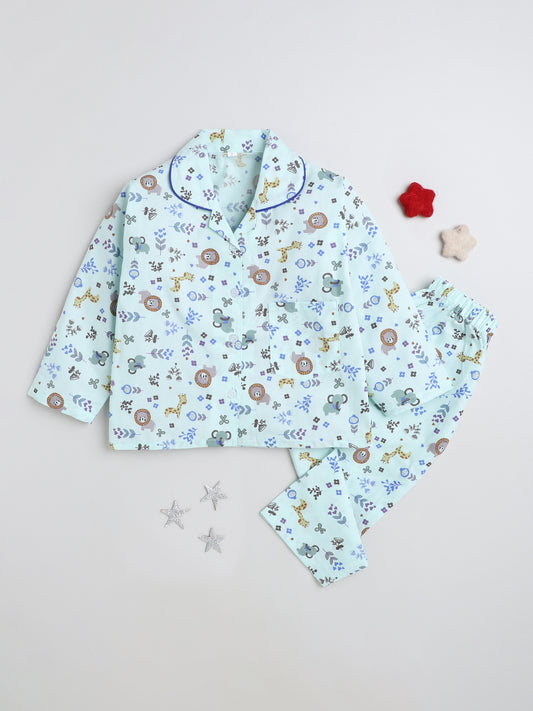 Full Sleeves Animal Print Lounge Wear Night Suit Set For Kids Sky Blue