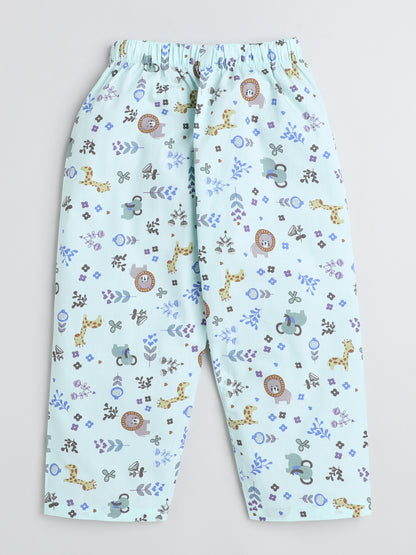 Full Sleeves Animal Print Lounge Wear Night Suit Set For Kids Sky Blue