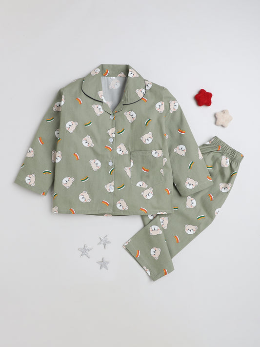 Full Sleeves Teddy Print Lounge Wear Night Suit Set For Kids Green