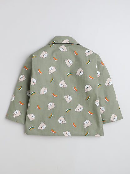 Full Sleeves Teddy Print Lounge Wear Night Suit Set For Kids Green