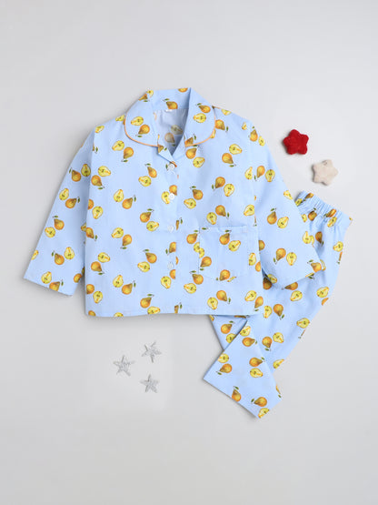 Full Sleeves Avacado Print Lounge Wear Night Suit Set For Kids Sky Blue