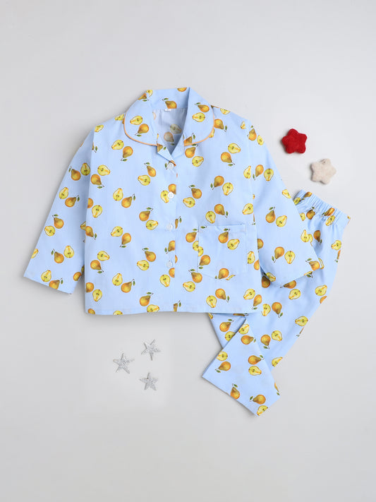 Full Sleeves Avacado Print Lounge Wear Night Suit Set For Kids Sky Blue