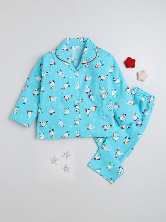Full Sleeves Cartoon Print Lounge Wear Night Suit Set For Kids Blue