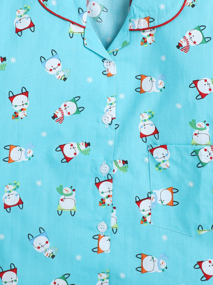 Full Sleeves Cartoon Print Lounge Wear Night Suit Set For Kids Blue