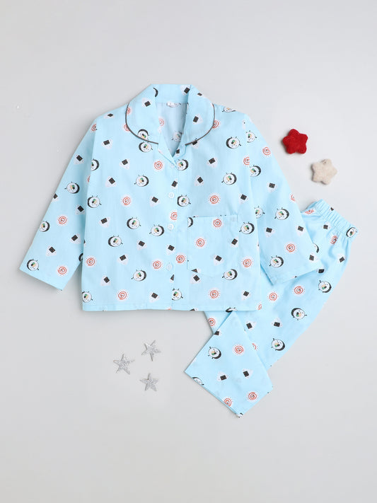 Full Sleeves Printed Lounge Wear Night Suit Set For Kids Sky Blue
