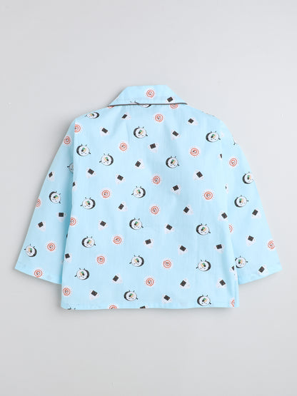 Full Sleeves Printed Lounge Wear Night Suit Set For Kids Sky Blue