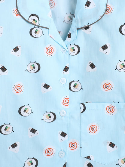 Full Sleeves Printed Lounge Wear Night Suit Set For Kids Sky Blue