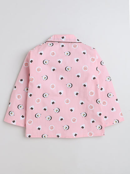 Full Sleeves Printed Lounge Wear Night Suit Set For Kids Pink-ns