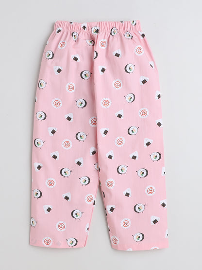 Full Sleeves Printed Lounge Wear Night Suit Set For Kids Pink-ns